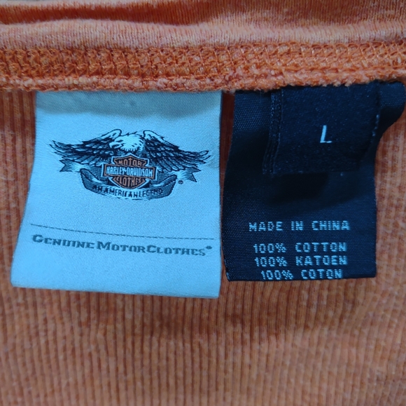 HARLEY-DAVIDSON LADIES ORANGE SCOOP NECK LONG SLV SHIRT SIZE L FLOCKED GRAPHICS - Picture 4 of 10